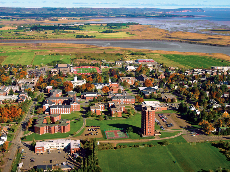 An aerial photo of the Acadia University campus.